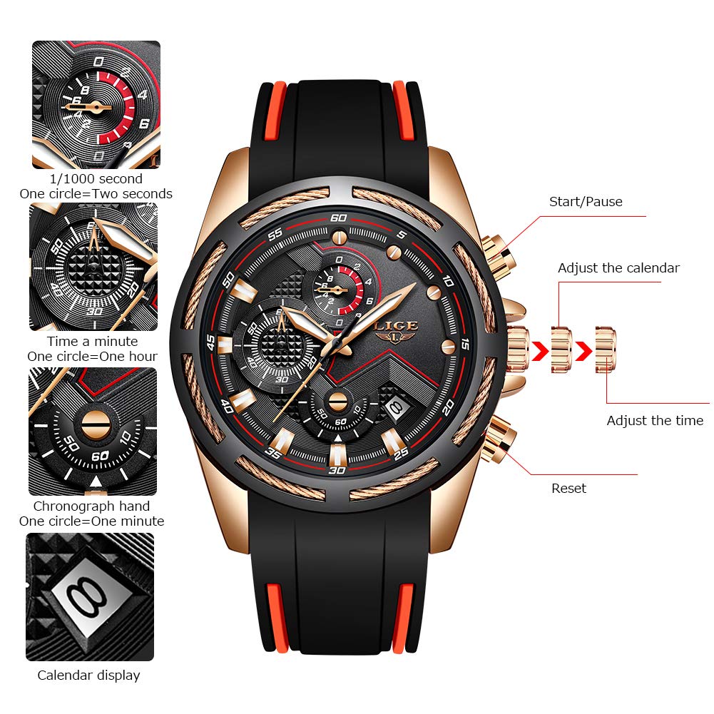 LIGE Montres Hommes Mode Élégant Analogique Quartz Chronographe Étanche Silicone Homme Montre Bracelet Sport Grand Noir Cadran Rond Business Casual Robe Hommes Montre Calendrier