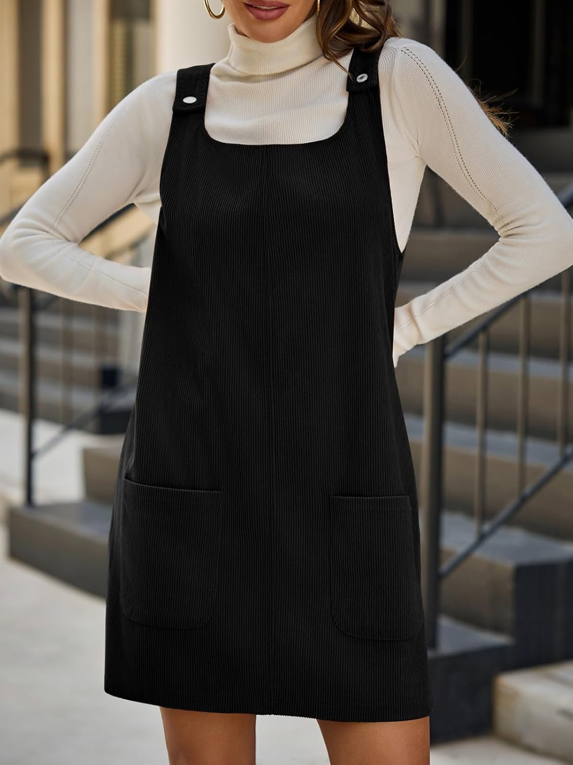 Yousify Womens Corduroy Overall Dress Square Neck A Line Jumper Mini Dresses Casual Sleeveless Rompers with Pockets - Image 2