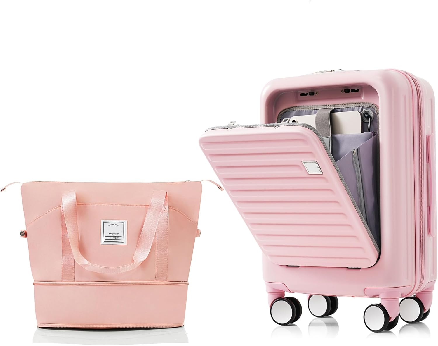 Anwick Pink Carry on Luggage with Front Pocket, Hard Shell Suitcase with USB Port and Cup Holder, Lightweight Rolling Luggage with Expandable Travel Bag (Pink, Carry-On 20-Inch)