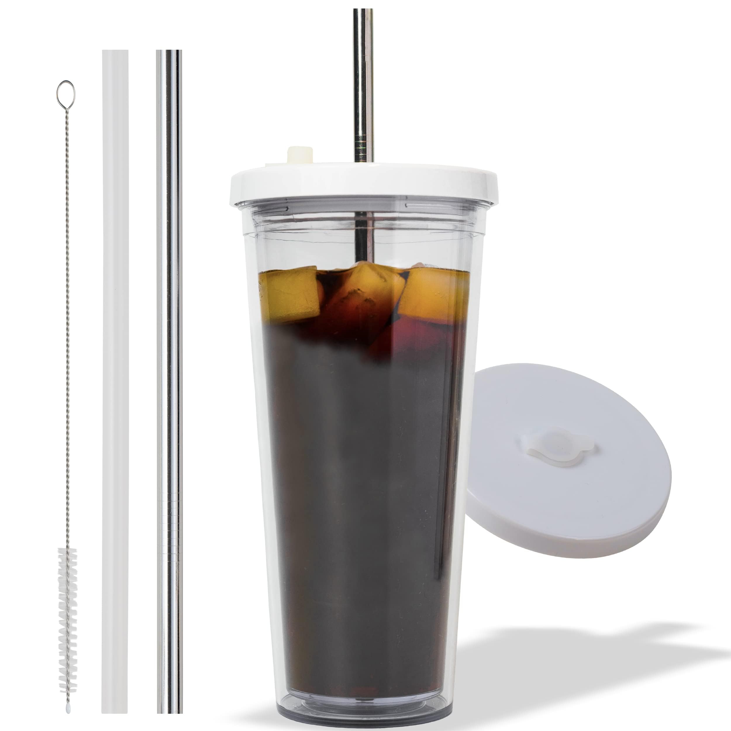 Kensal Home Reusable Iced Coffee Cup (24 Oz/Venti), Leak Proof and Double Wall Insulated Iced Coffee Tumbler, Come with Reusable Plastic and Metal Straws and Straw Cleaner - White