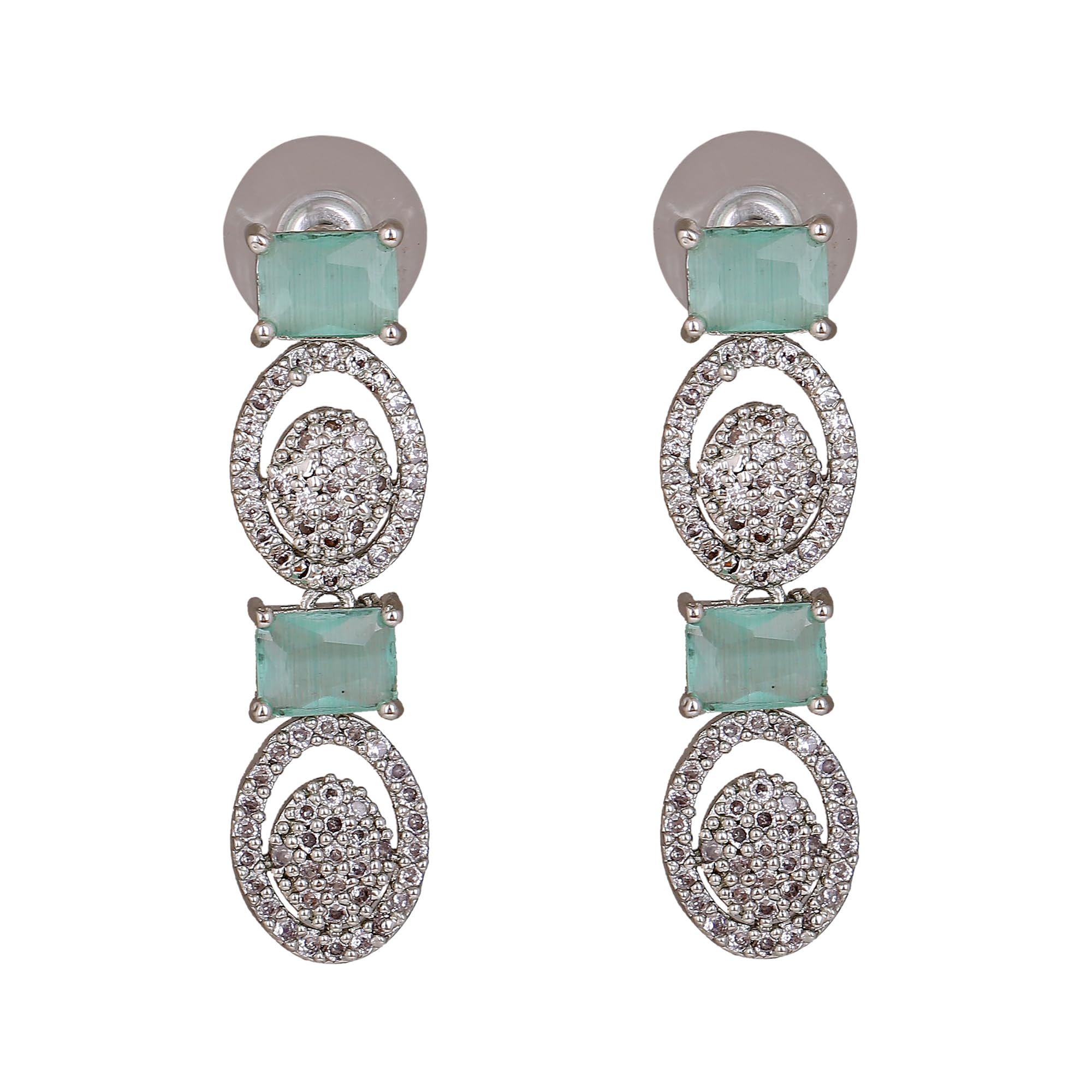 Estele Rhodium Plated CZ Amore Designer Earrings with Mint Green Crystals for Girls and Women's