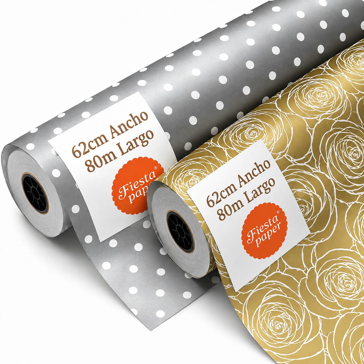 Pack de 2 Rouleaux de Papier Cadeau Or et Argent 62 cm x 80 m en Bobine FP Fiesta Paper