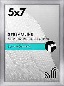 Americanflat 5x7 Picture Frame with Shatter-Resistant Glass - Streamline Collection - Thin Border Picture Frame for Tabletop and Wall Display - Hanging Hardware and Easel Stand Included - Silver