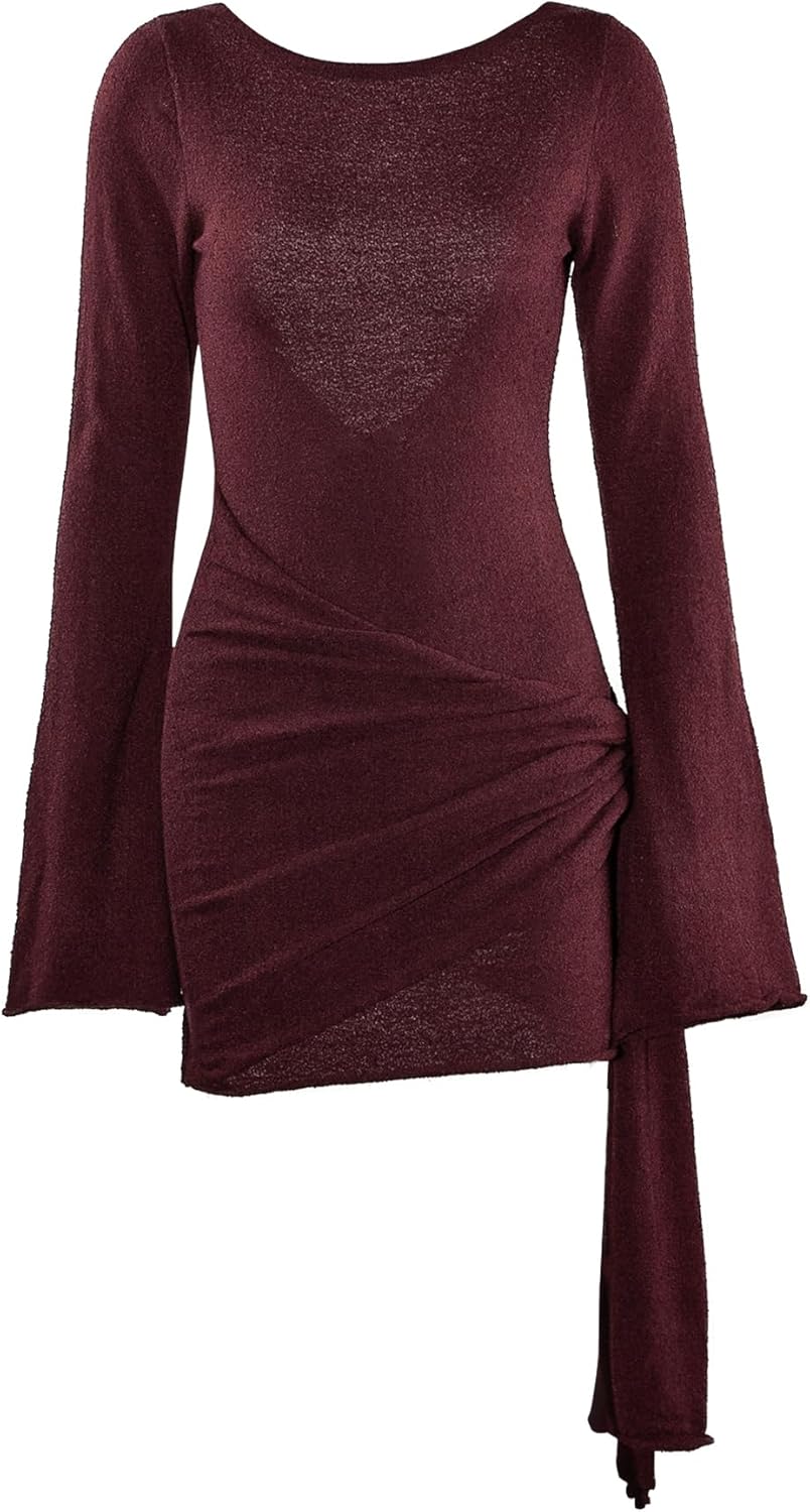 Womens Long Sleeve Sweater Mini Dress Solid Color Open Back Tie Waist Bodycon Dresses Party Fall Outfits - Image 4