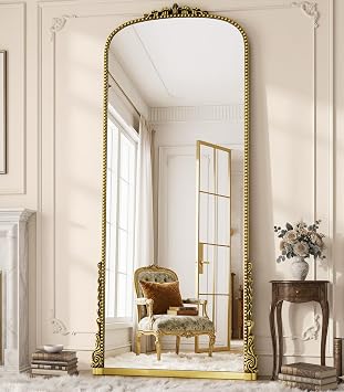 Antique Full Length Mirror 71" x 32", Antique Gold Arched Large Vintage Mirror in Baroque Style with Tempered Glass, Freestanding for Bedroom, Living Room, Cloakroom