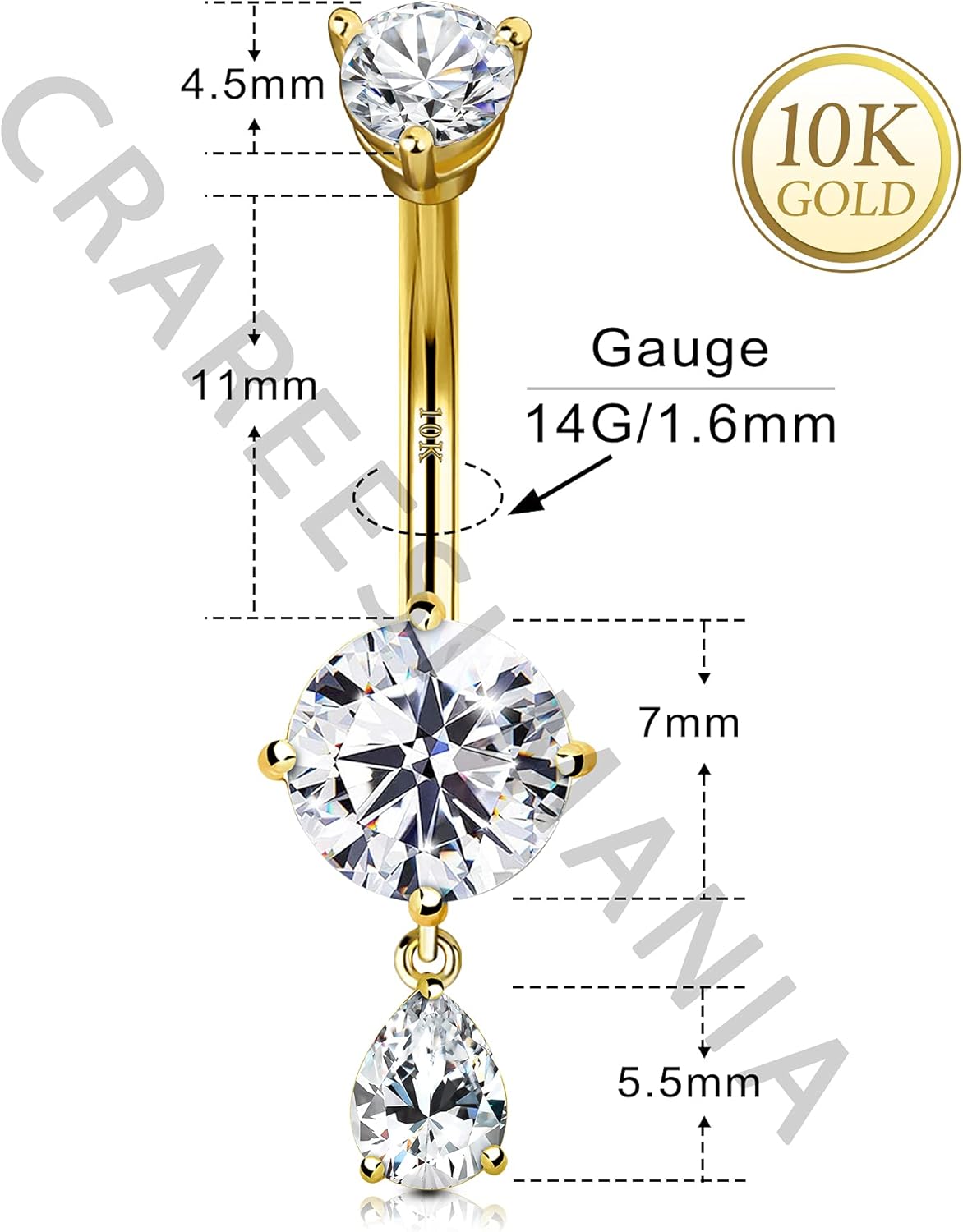 CM Crareesi Mania 10K Solid Gold Belly Button Ring Dangle 10K Yellow Gold Belly Rings Navel Piercing Jewelry - Image 3