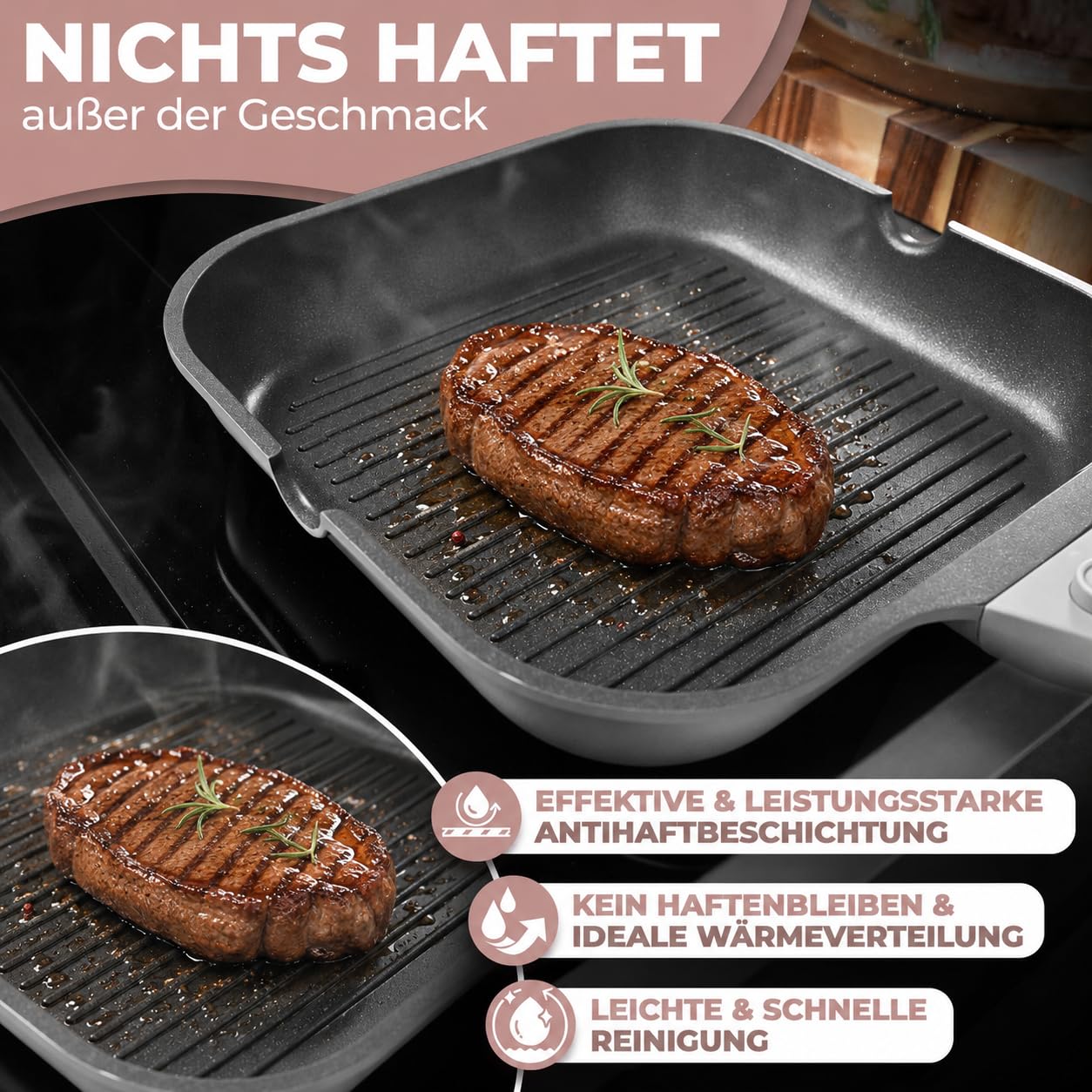 TRAUMLEBEN Padella Grill 28 cm con beccuccio – antiaderente per induzione, manico removibile, PFOA free, adatta al forno, ideale per bistecca (grigio)