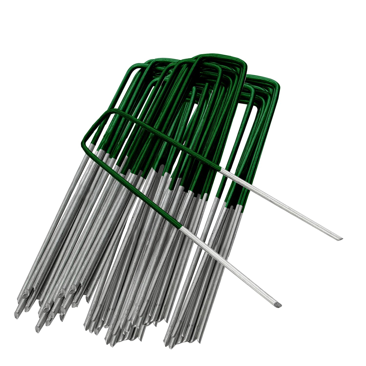 ANSIO Weed Membrane Pegs 100 Pack - 6 Inch/150mm U-Shaped Half Green Garden Pegs for Weed Control Membrane, Ground Pegs for Securing Lawn,Artificial Grass, Matting, Netting-Galvanized Staples and Pins