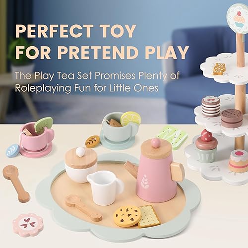 Miniatura 5 de Juego de té de madera para niñas pequeñas, juego de fiesta de té, juego de madera accesorios de cocina, juguetes para 1, 2, 3 años, 21 unidades
