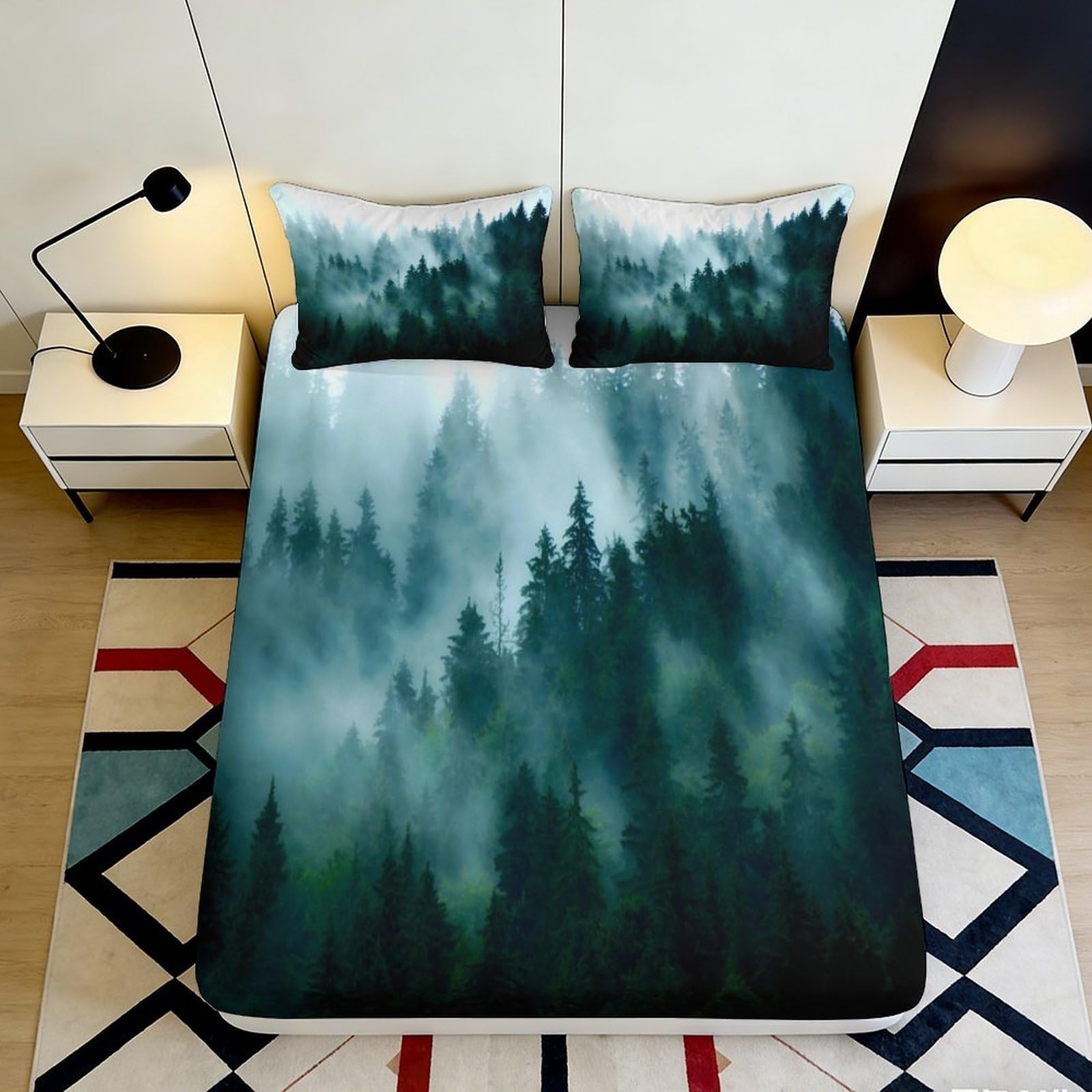 3D Printed Misty Forest Fitted Sheet Microfiber Soft Green Pine Trees Bed Cover for Bedroom Guest Room Decor 200x200x25cm