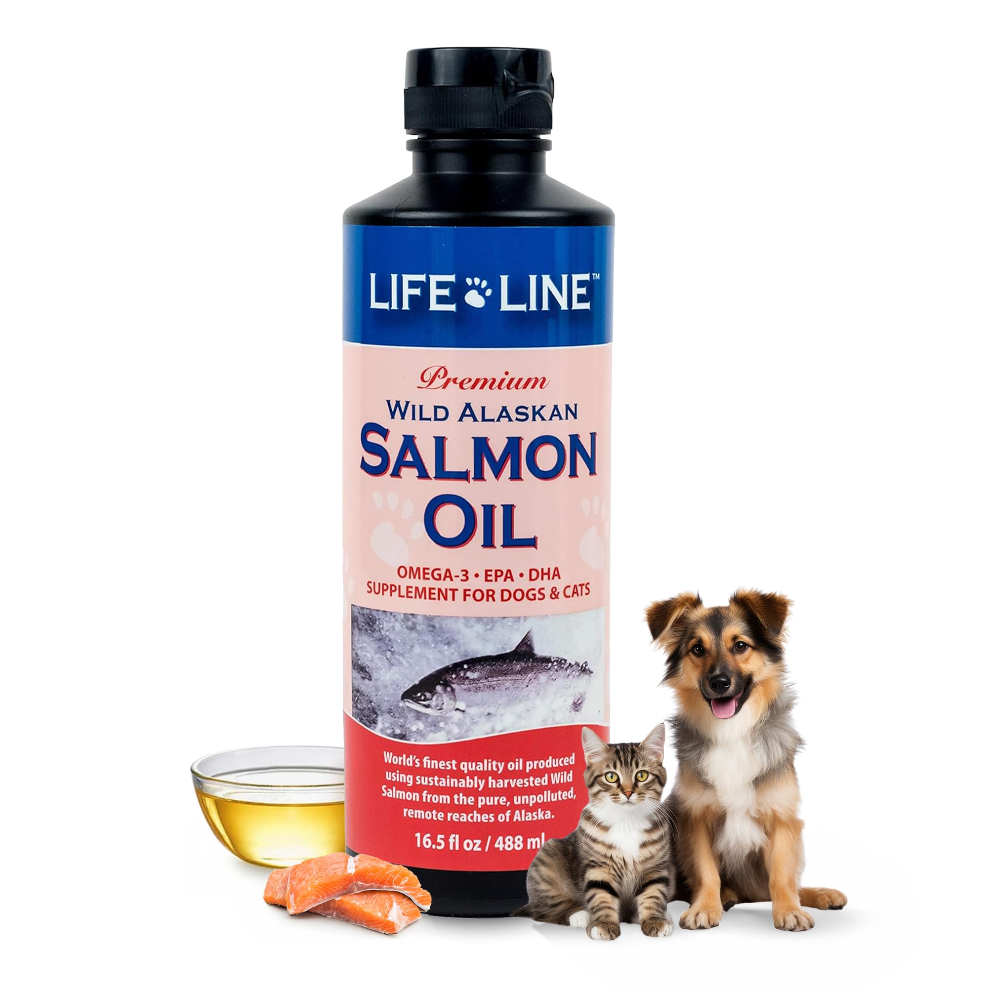 Life Line Wild Alaskan Salmon Oil for Dogs & Cats | Omega-3 DHA & EPA Supplement for Skin, Coat, Brain, and Heart Support – 16.5 Oz