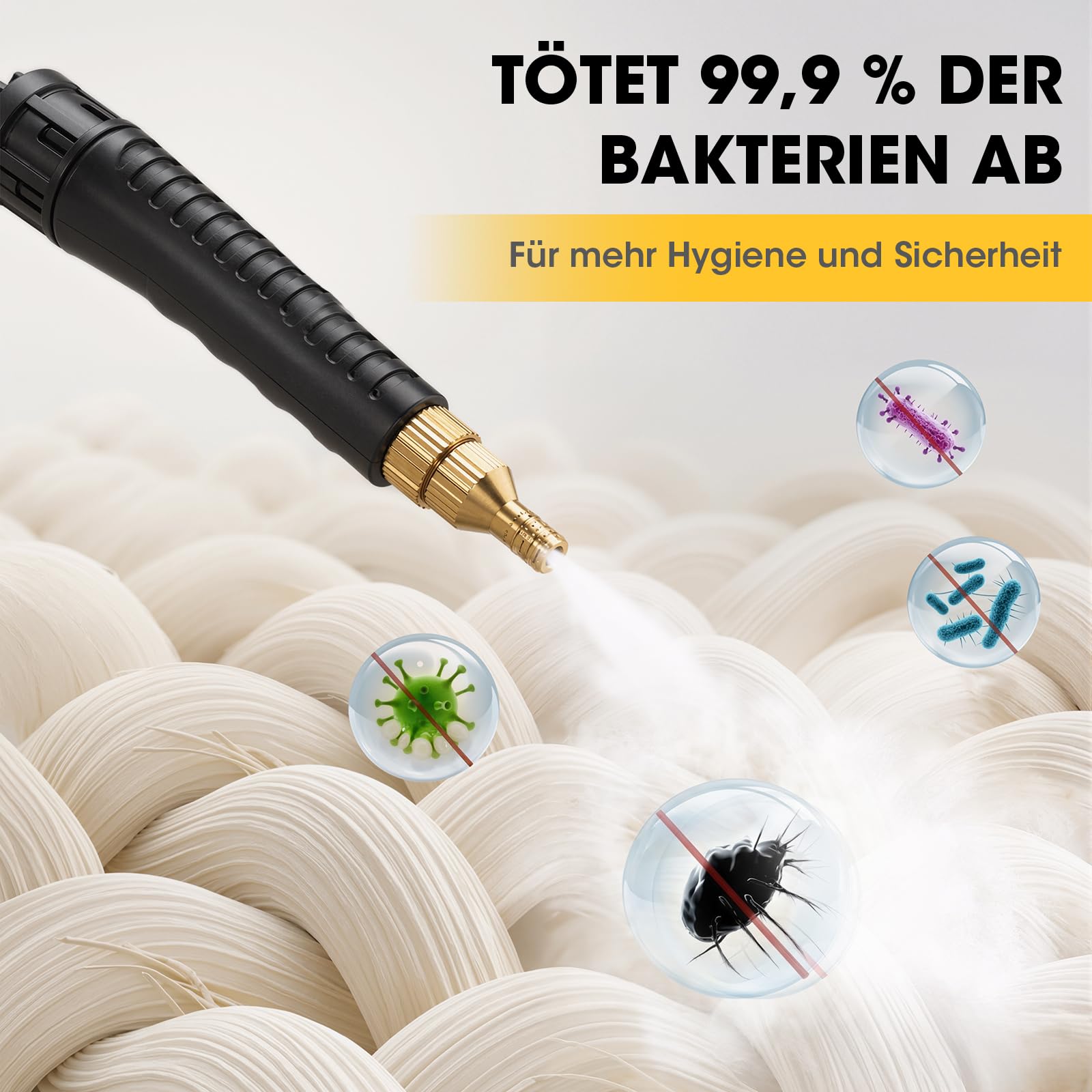 Myjka parowa, 6-stopniowa myjka wysokociśnieniowa, czas nagrzewania 10 s, widoczny zbiornik 1200 ml, 105 °C, 3,5 bar, alarm braku wody, metalowa dysza – idealna do gospodarstwa domowego
