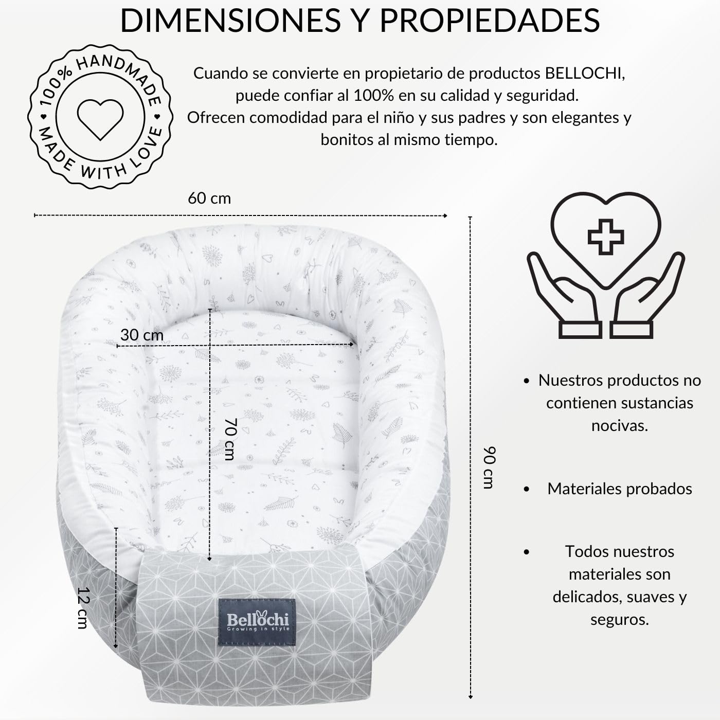 Bellochi Nido Bebe Recien Nacido Reductor de Cuna Nido para Bebe - 100% Algodón - Oeko-Tex Certificado - 90x60x12cm con Bordes Protectores - Star Copse