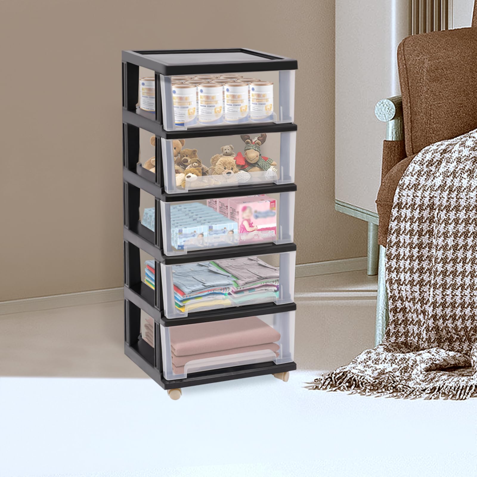 5 cassetti organizer per camera da letto, cassettiera con maniglia, per gioielli, cosmetici, cassetti, ufficio, 40 x 33 x 98 cm, colore nero