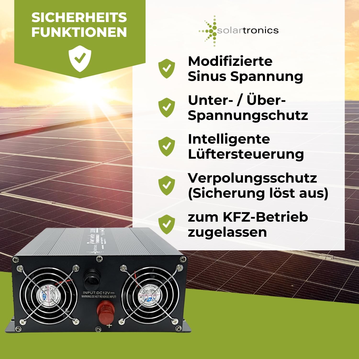SOLARTRONICS Spannungswandler NM2000 12V 2000 Watt SCHWARZ - 4000 Watt Spitzenleistung - Wechselrichter 12v auf 230v - Blei- oder AGM-Batterie kompatibel - mit Schuko- & USB Anschluss