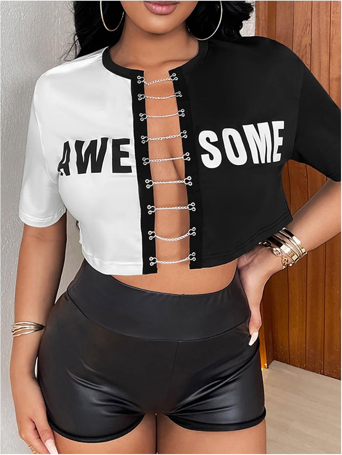 OYOANGLE Women's Sexy Graphic Two Tone Crop Tops Cut Out Chain Shirts Short Sleeve Rave Party Going Out Cropped Tee - Image 2