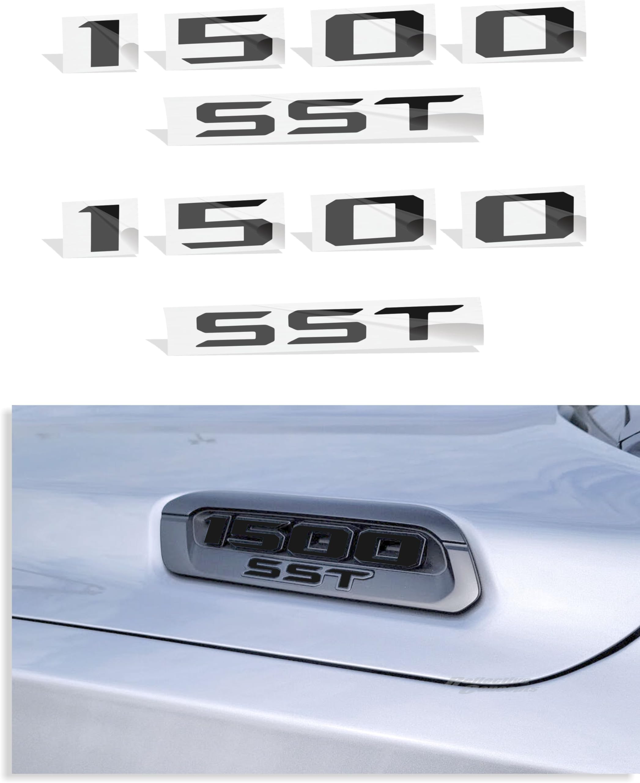 1500 SST Hood Emblem Overlay Decal Stickers - 2025 Ram 1500 Bighorn, Laramie and Warlock w/3.0 I6 Hurricane (Color: Flat Black)