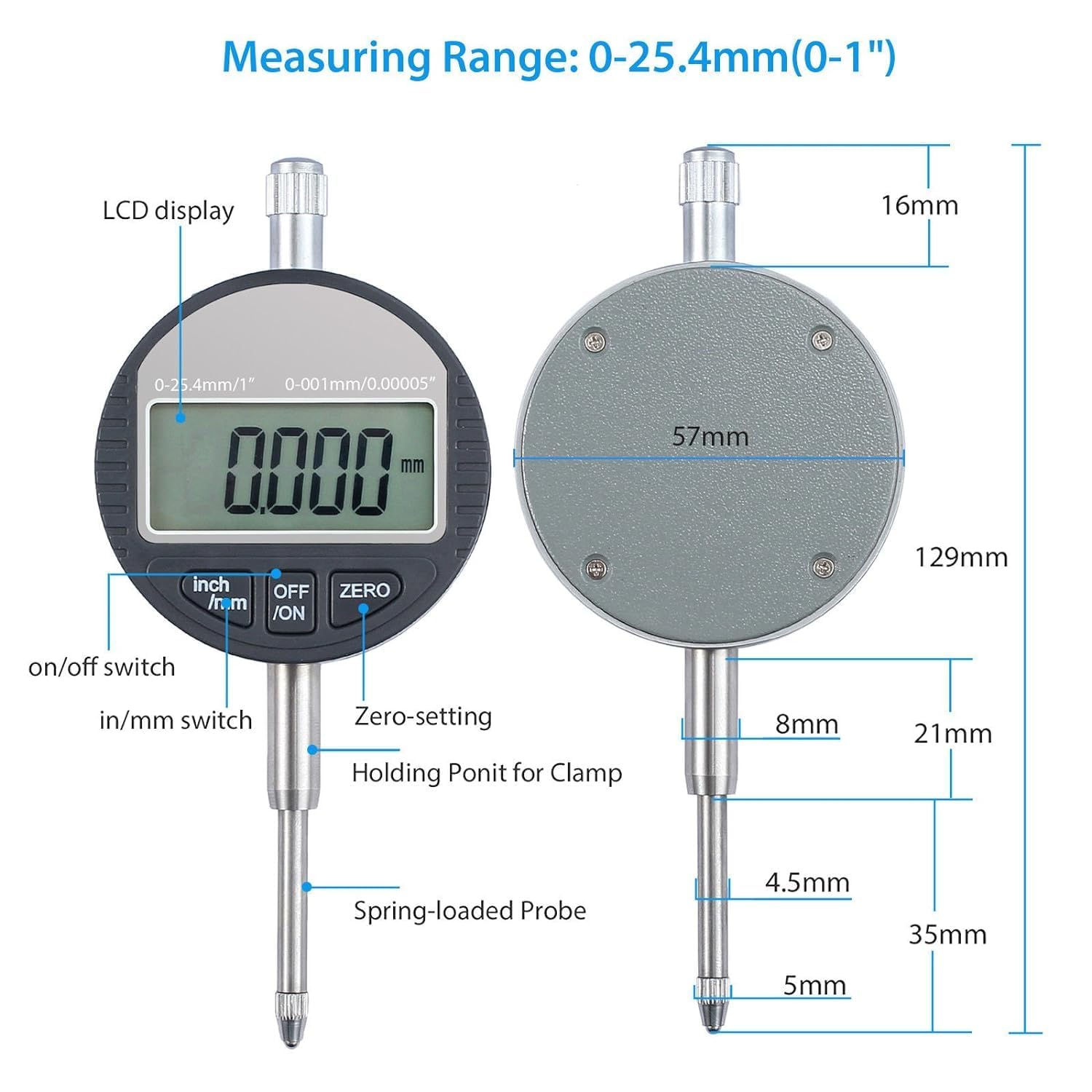AUTOUTLET Comparatore Micrometro Millesimale DTI 0,001/0,00005” Indicatore a Quadrante Digitale Calibro di Precisione da 0-25,4 mm/1'' Indicatore Elettronico
