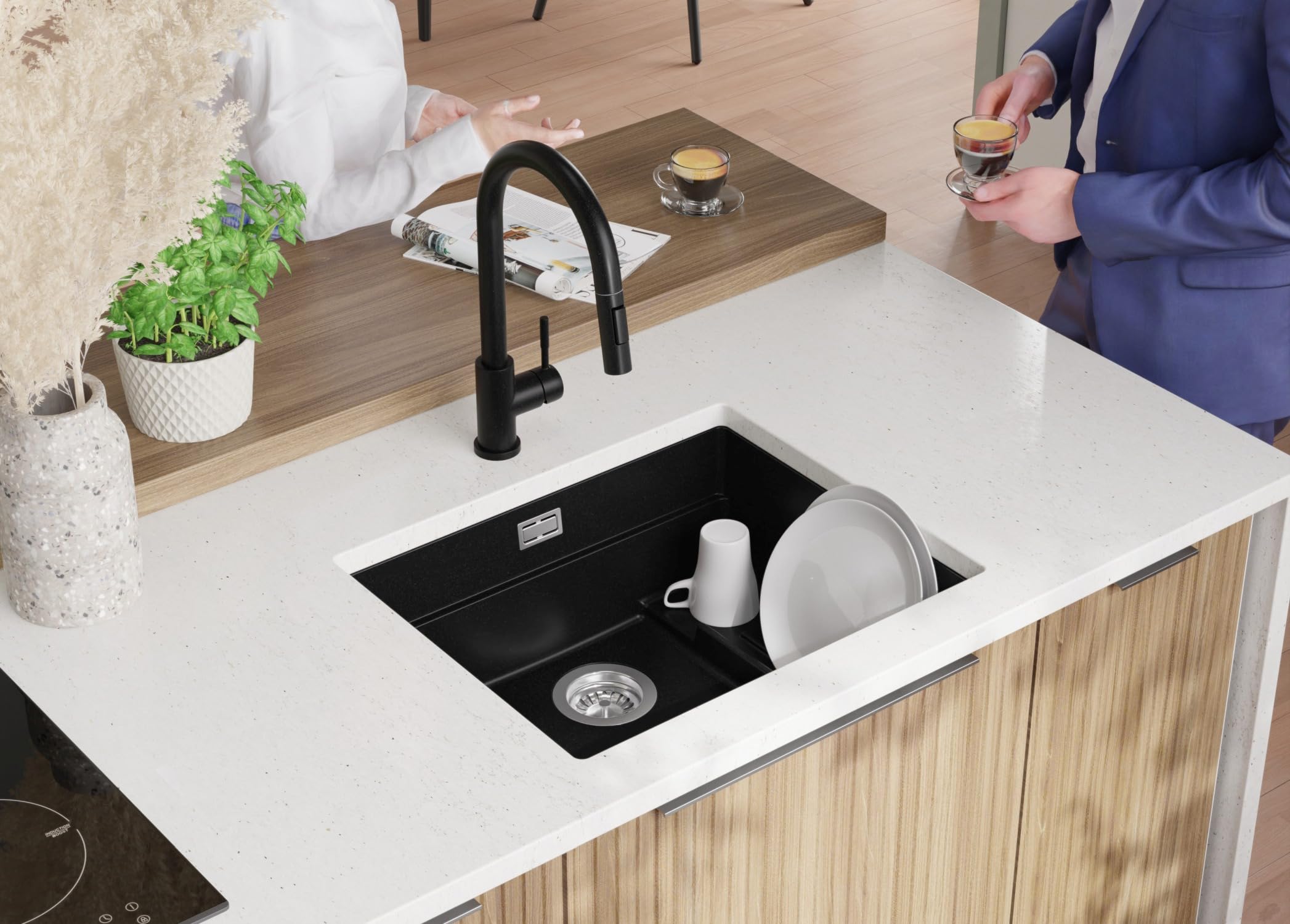 PRIMAGRAN Fregadero bajo Encimera Todo Negro - Prague Step, 56x47cm | Cocina 1 Seno + Set de accesorios, Granito al Mueble 60cm (S367)