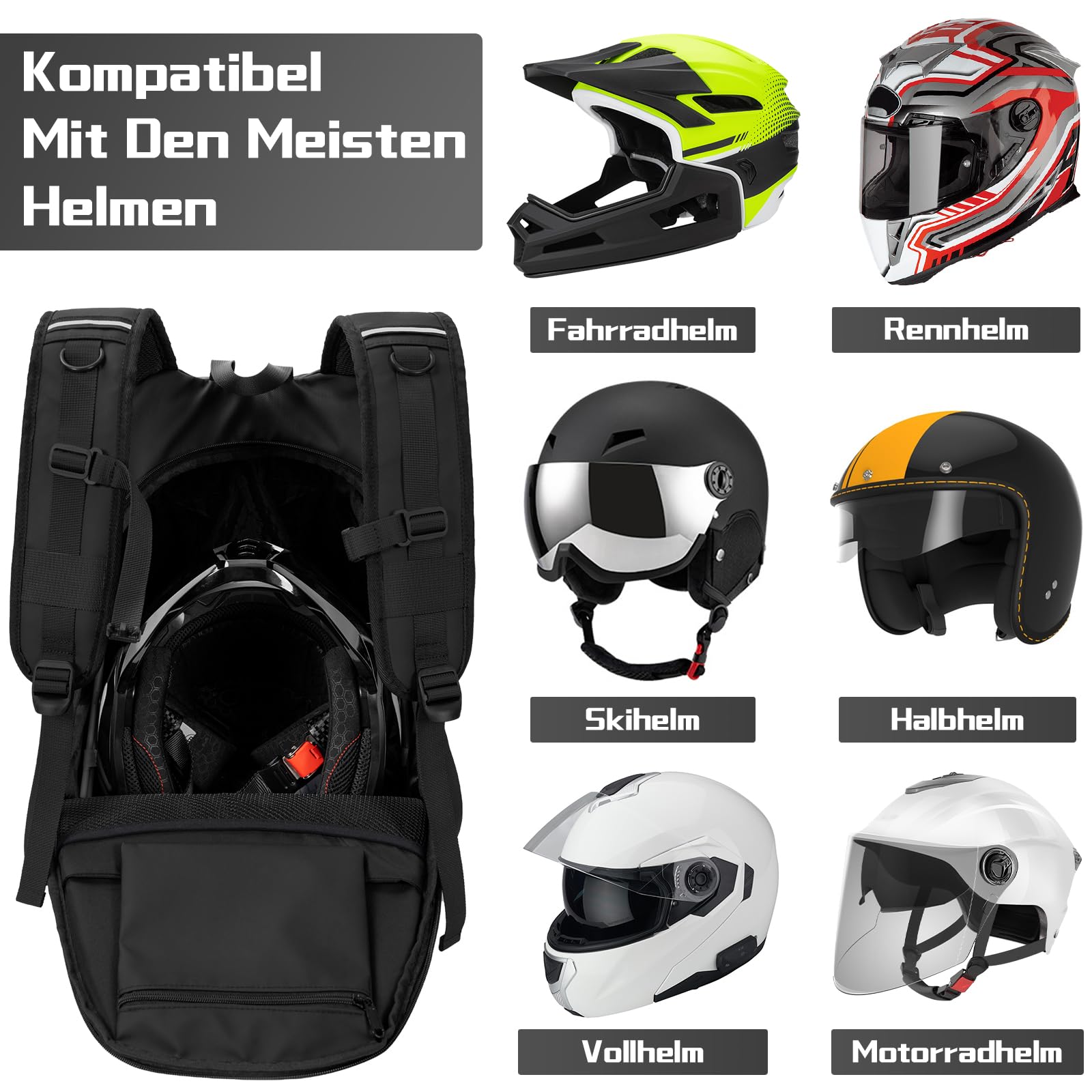 OUUTMEE Helmrucksack für Motorrad, Radfahren, wasserdicht, reflektierend, Helmtasche für Herren, große Kapazität, Schwarz
