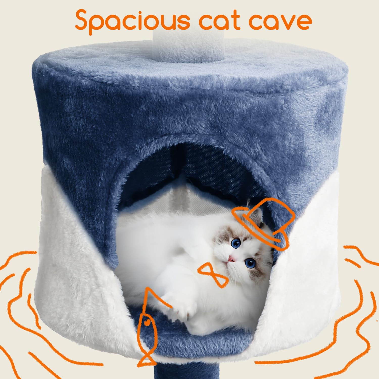 Nobleza Rascador para Gatos, Altura 118.5 cm, Árbol Estable para Gatos, 4 Plataformas, 1 Cueva, 1 Pompón, 1 Peluche, Azul