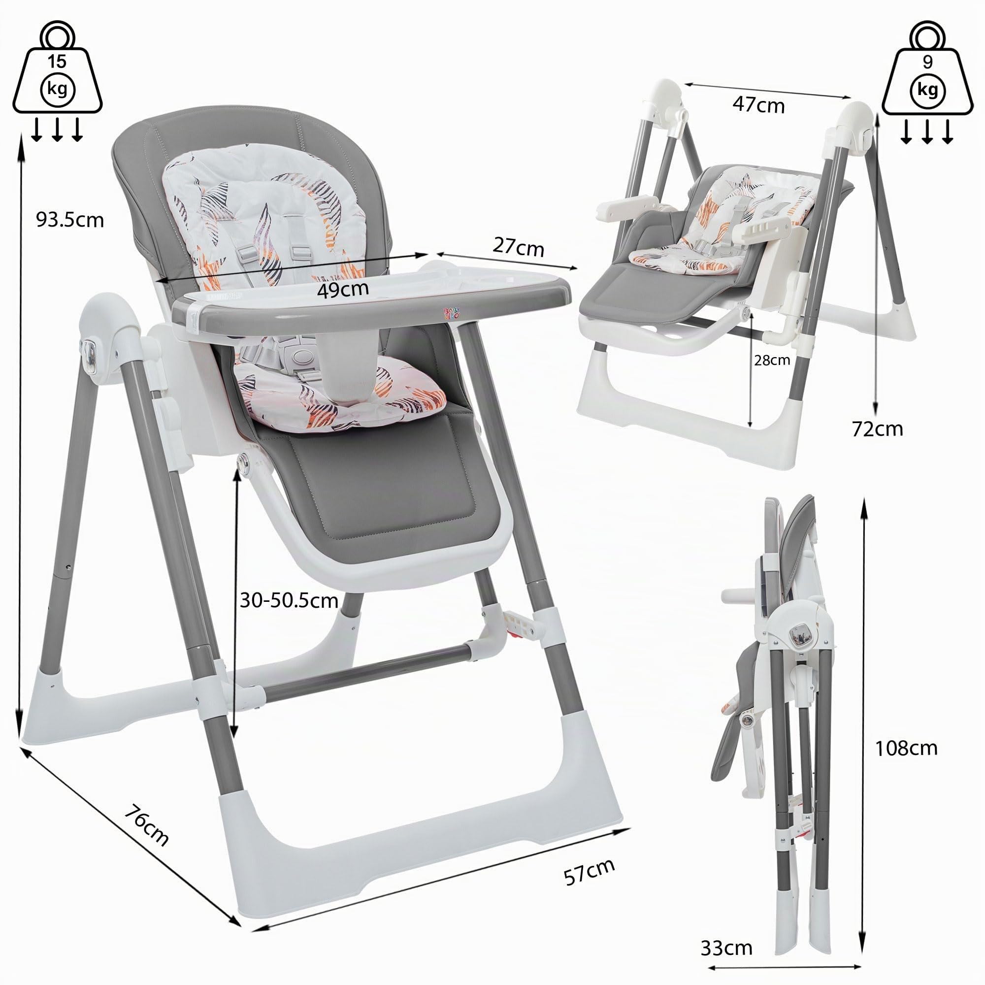 Baby Vivo Trona 3 en 1 para niños, altura regulable, con reposapiés, trona para bebé, trona combinada, columpio, respaldo ajustable, bandeja extraíble, color gris