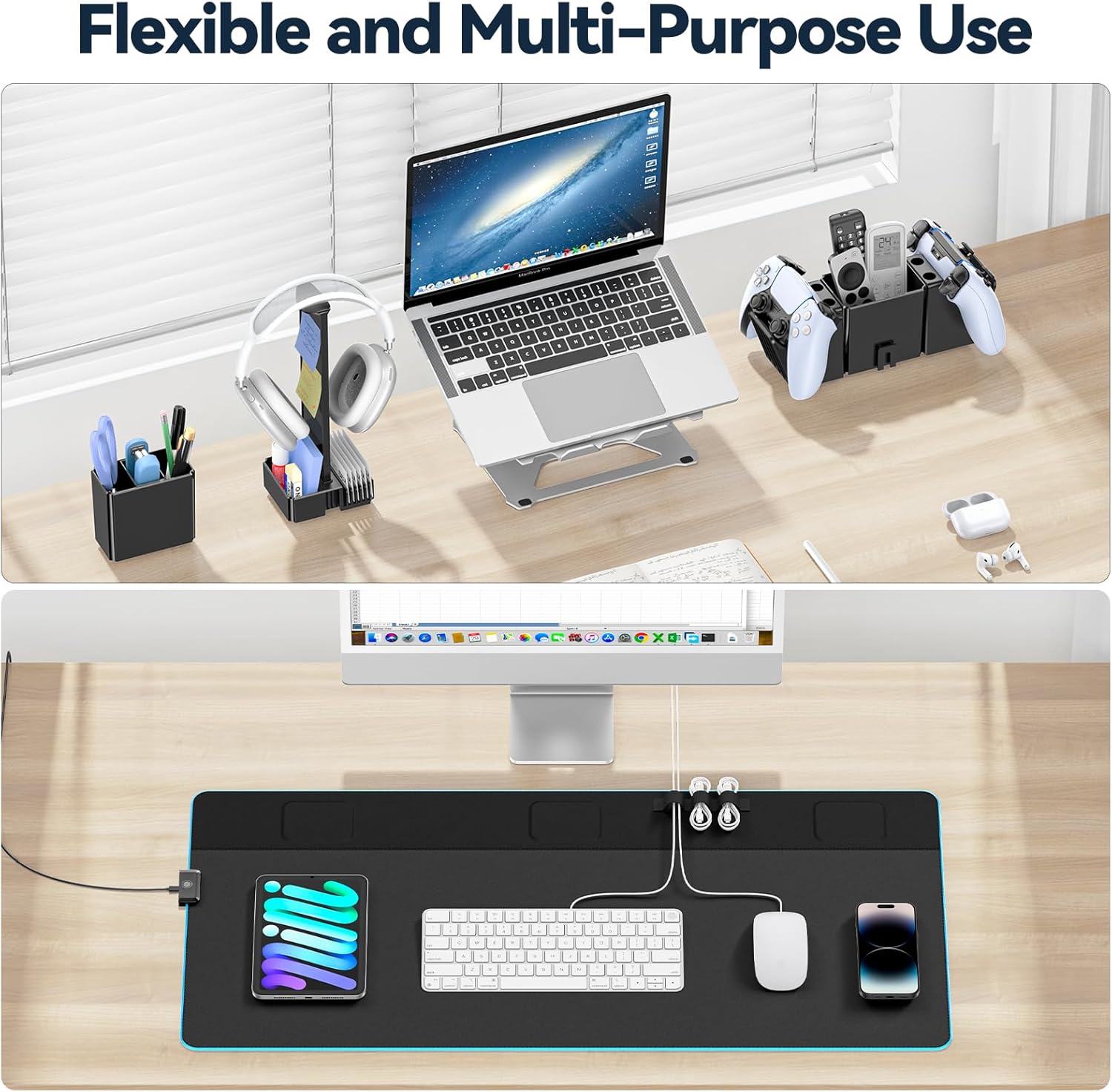 KDD RGB Gaming Mouse Pad with Magnetic Organizer Set - 8 in 1 Desk Keyboard Mat with Desktop Storage for Headset & Controller Stand/Remote Holder/Pen Holder/Cable Management for Gamer Accessory Setup