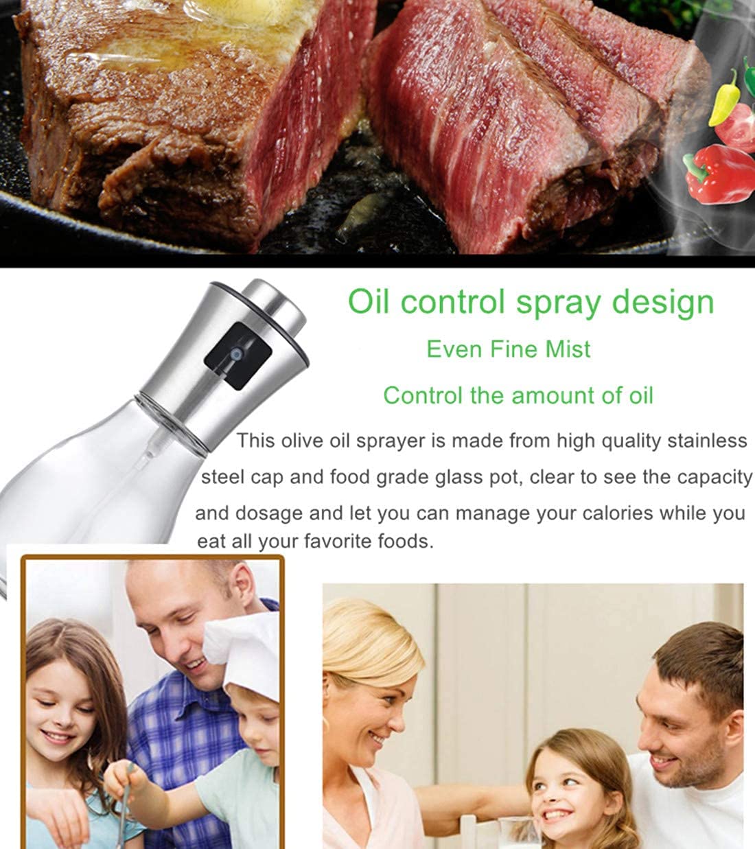 BIRZAR Stainless Steel and bar Glass Spray Oil Dispenser Bottle for Cooking, BBQ, Salad, Kitchen Baking, Roasting, Grilling, Frying, Pump with Mini Funnel, Silver, Transparent, 200 Ml 2