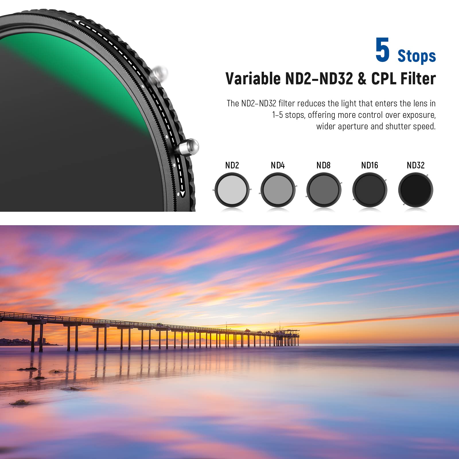 NEEWER 2 in 1 Filtro ND Variabile 58mm ND2-ND32 e CPL(Polarizzatore), senza X/Vetro Ottico HD/multistrato/ultra sottile/idrorepellente/resistente ai graffi