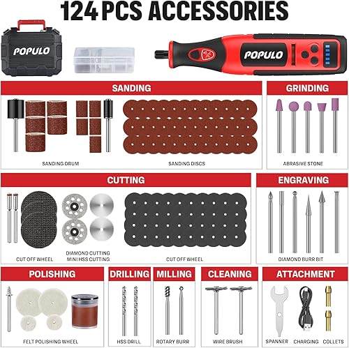 Miniatura 2 de POPULO - Herramienta giratoria inalámbrica de litio de 8 V con accesorios de herramientas giratorias de 124 piezas herramienta giratoria eléctrica