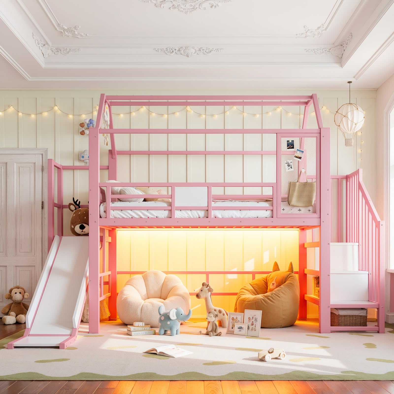 Lit Mezzanine Métal 90x200 cm avec Toboggan et Éclairage LED, Rose