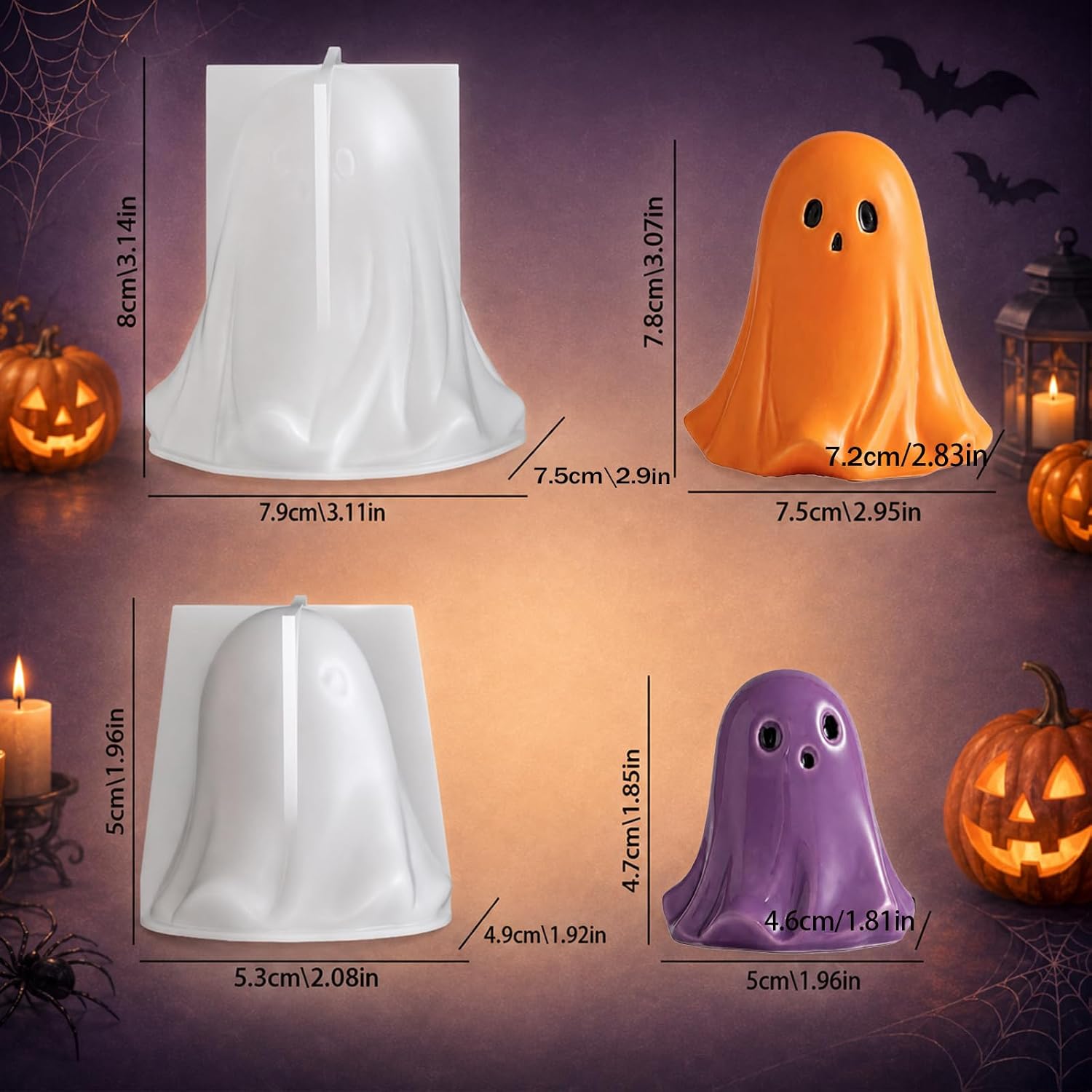 2PCS Halloween Ghost Candle Molds, 3D Cute Ghost Silicone Mold for Candle Making, DIY Spooky Resin Casting Molds for Soap, Wax, Chocolate, Handmade Halloween Home Decor & Party Favors