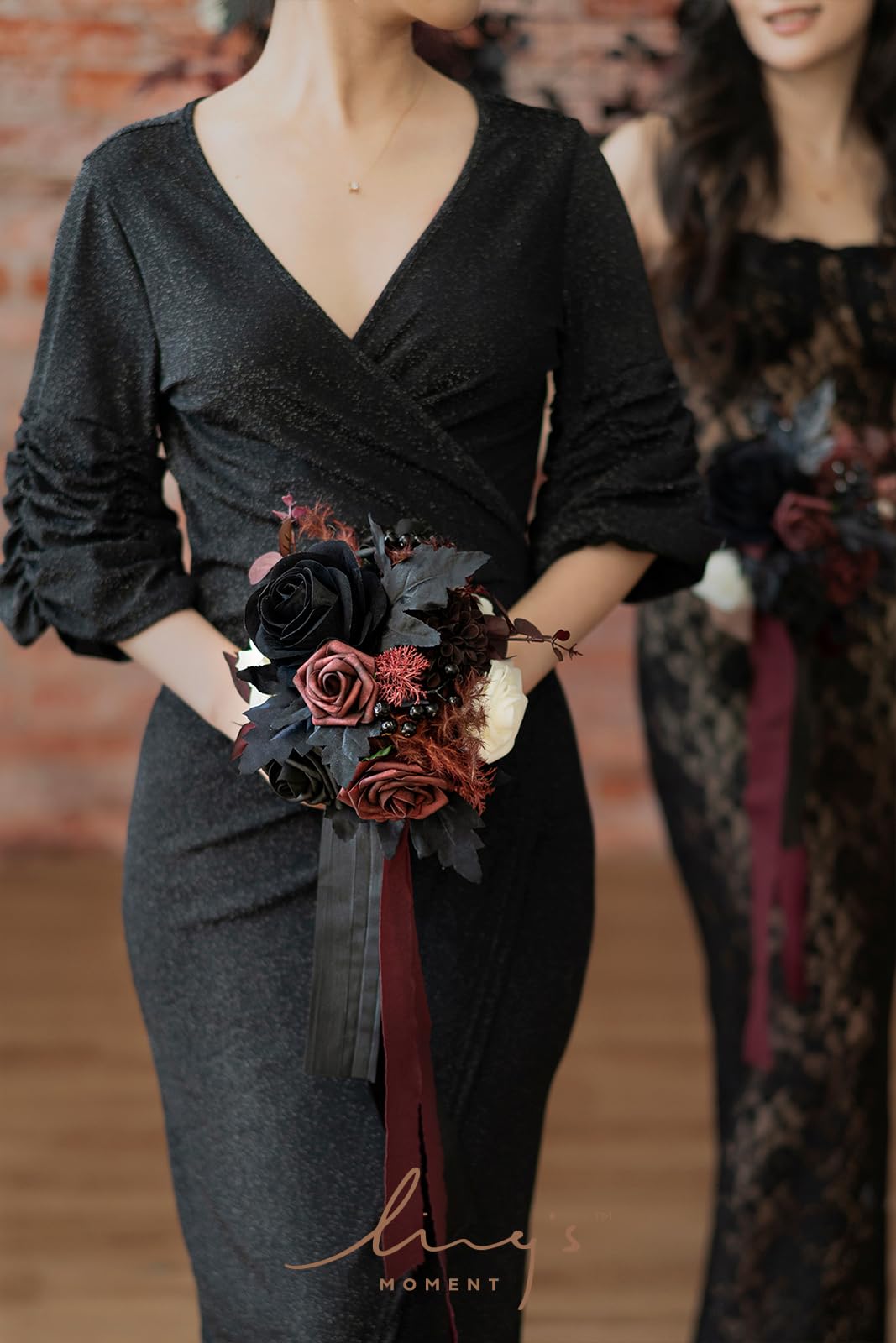 Ling's Moment Artificial Bridesmaid Bouquet - Burgundy & Black Gothic Wedding Flowers, 7 Inch Silk Bouquet