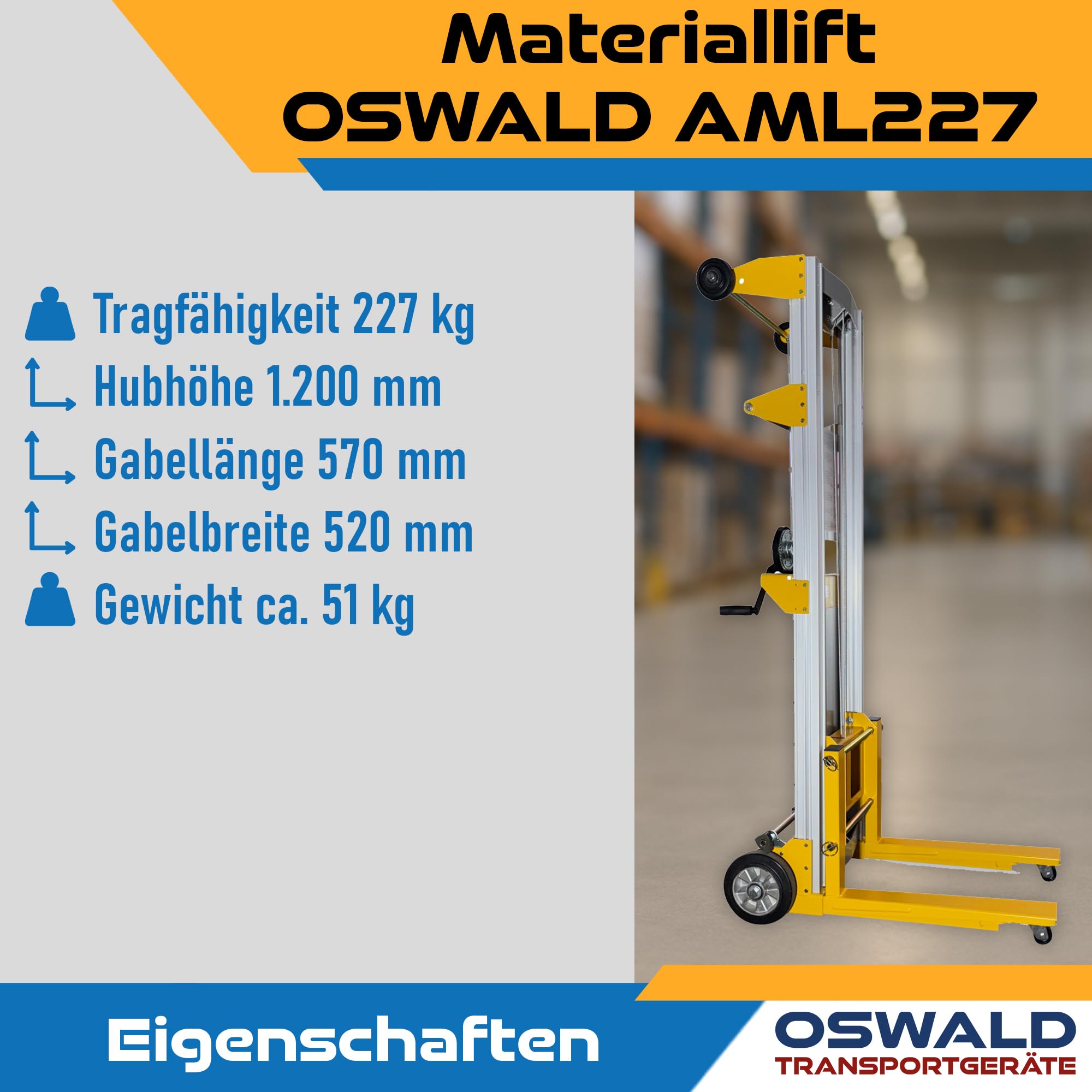 Materiallift AML227 mit Seilwinde - 227 kg Tragkraft - 1.200 mm Hubhöhe - Handstapler