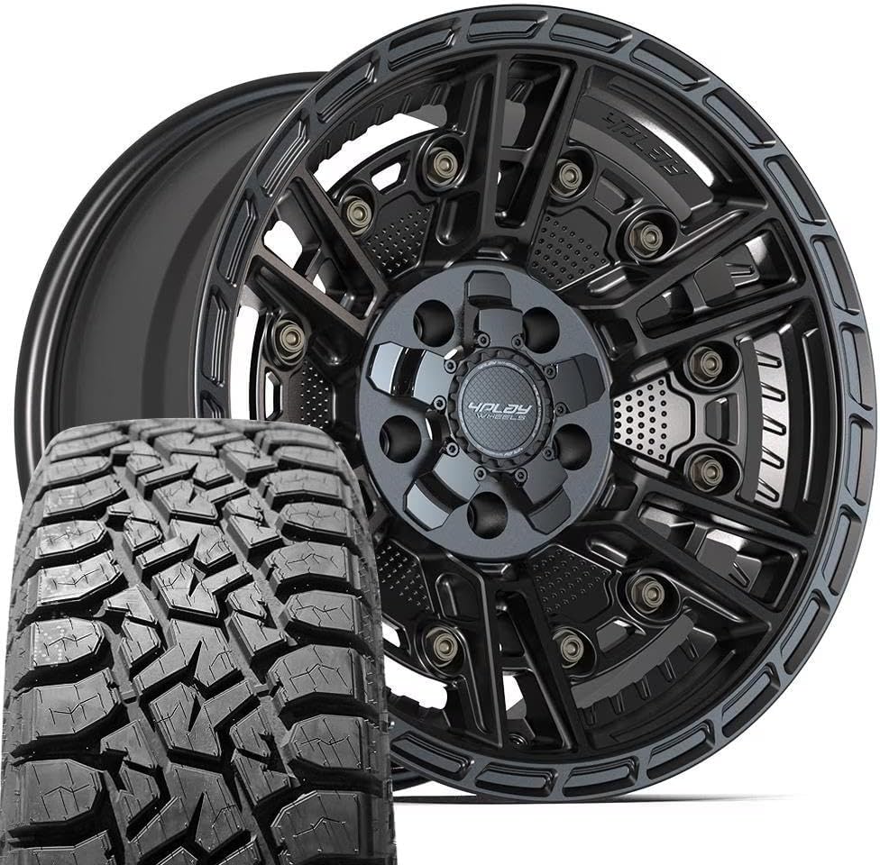 4PLAY Wheels 4PS01 17 Inch Rims and Tires Fit 5x127 & 5x139.7 17x9 Satin Black - TS-57 RT 33x12.50/17 (Set of 4)