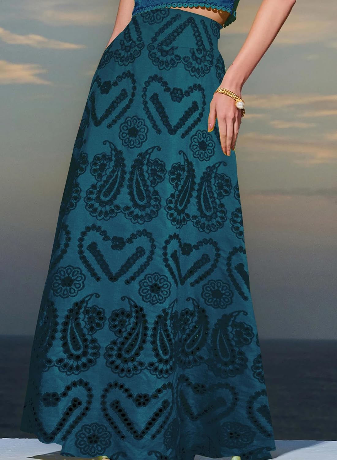 Women Fall Long Maxi Eyelet Embroidered Party Club Pleated Cute Ladies Skirt - Image 3