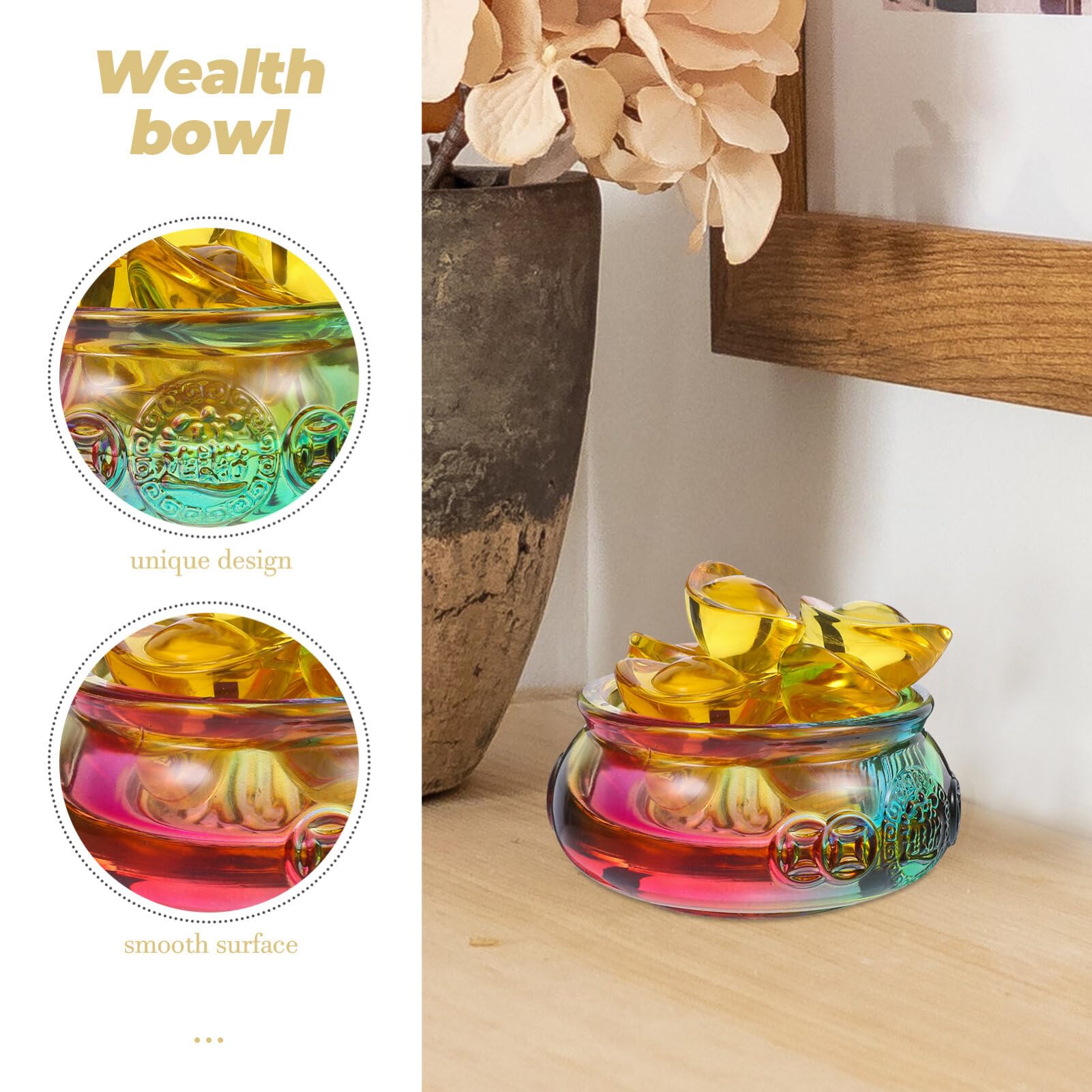 Handgefertigtes Goldenes Schatzbecken Aus Kristallglas Mit 41 Barren – Feng Shui Deko, Ca. 7,6 Cm