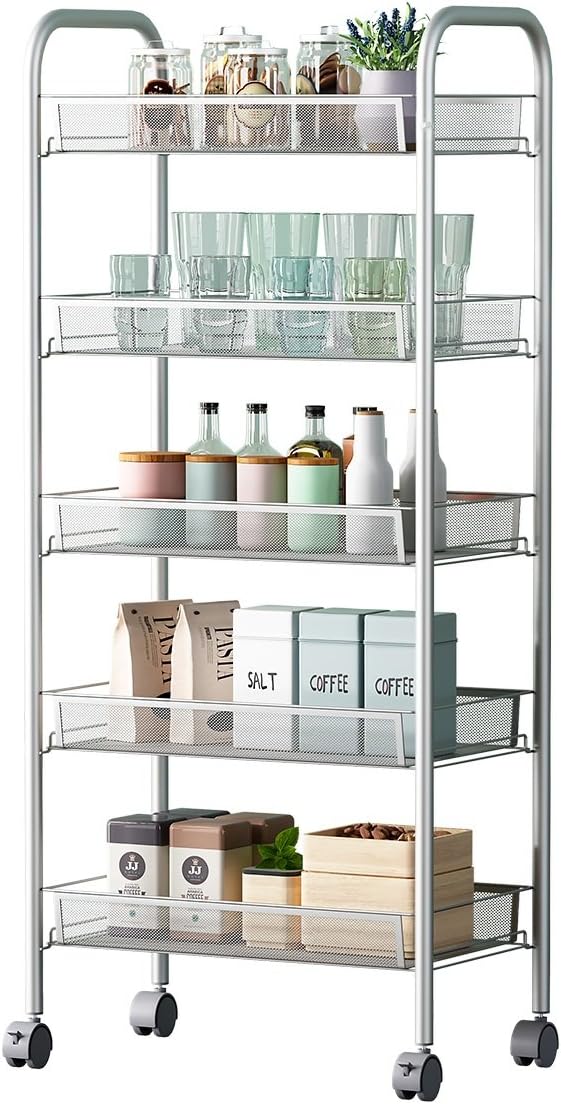5-Shelf D25.8cm W44.5cm H103cm Silver Steel Storage Rack Basket Shelving Unit Trolley Cabinet Kitchen Island with Caster Wheels WJM46104-5SL
