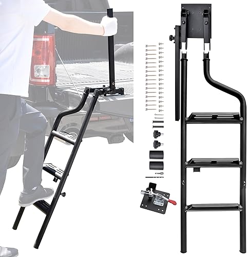 Escalera plegable de 42 pulgadas para puerta trasera de camioneta con asa de agarre, escalera plegable universal de alta resistencia con pasamanos