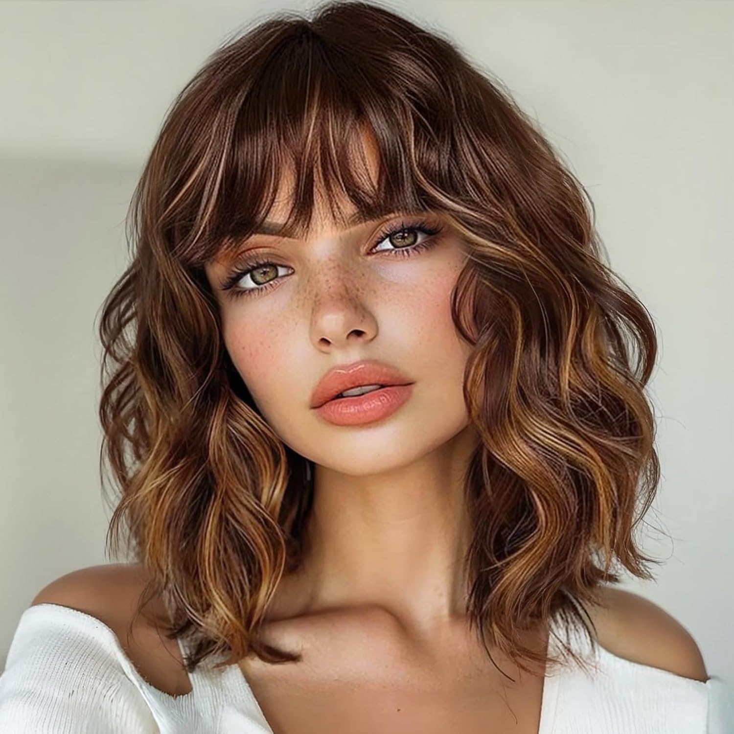 ENTRANCED STYLES Brown Wigs With Bangs for Women Brown Highlight Wig for Women Brown Mixed Blonde Wigs Short Curly Bob Wig Synthetic Heat Resistant Fiber Hair for Daily Party Use 14 Inch