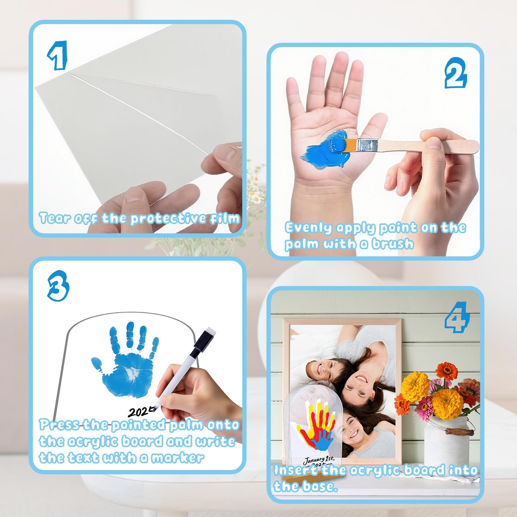 Kit d'empreintes de Mains et Pied Bébé 5 Panneaux Plexiglas Base Bois Souvenir DIY