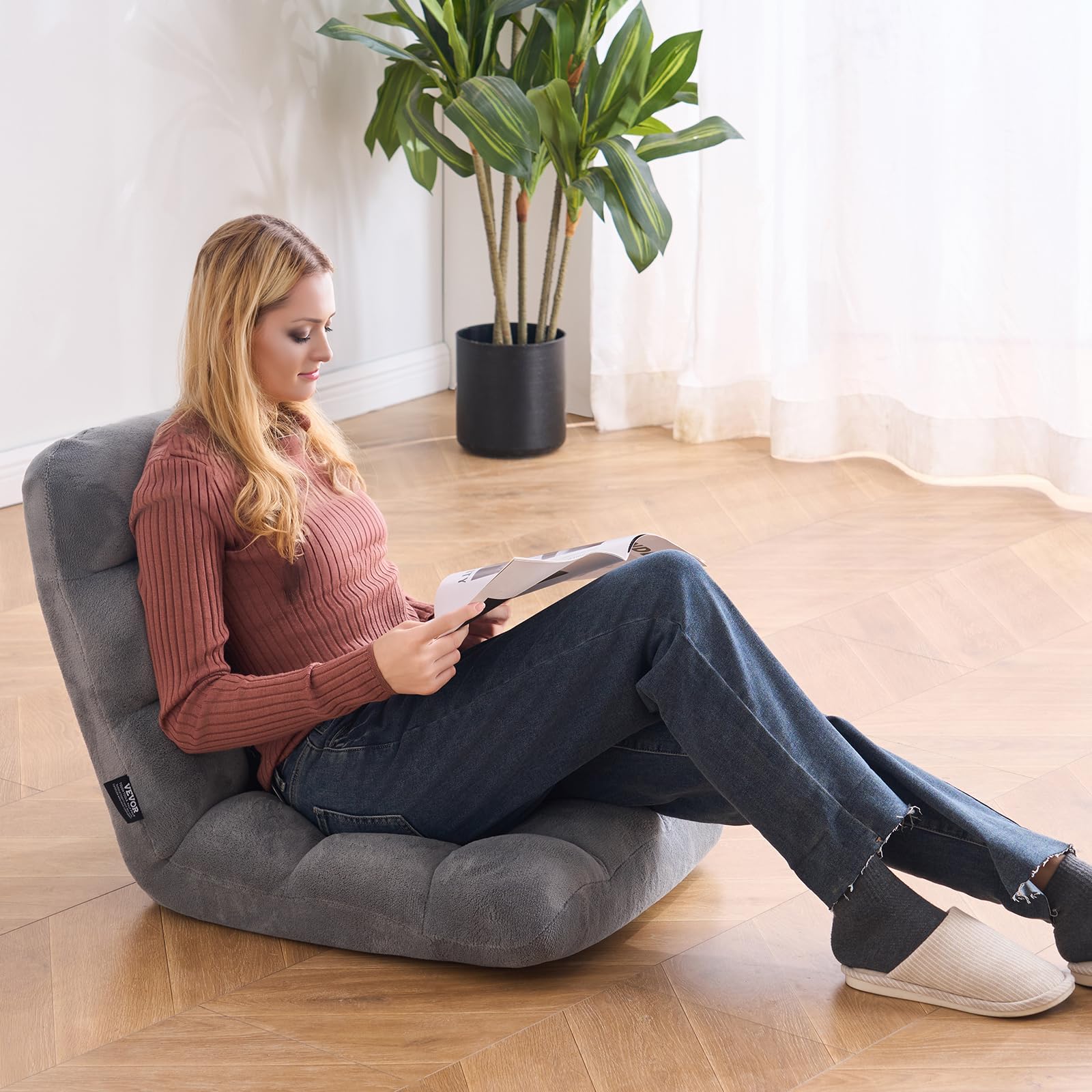 VEVOR Bodenstuhl Klappsofa aus Recyclingschaum mit 14 einstellbaren Positionen, multifunktionaler Bodentuhl mit Rückenlehne, ideal zum Schlafen & Lesen, Boden-Gamingstuhl für Kinder, grau