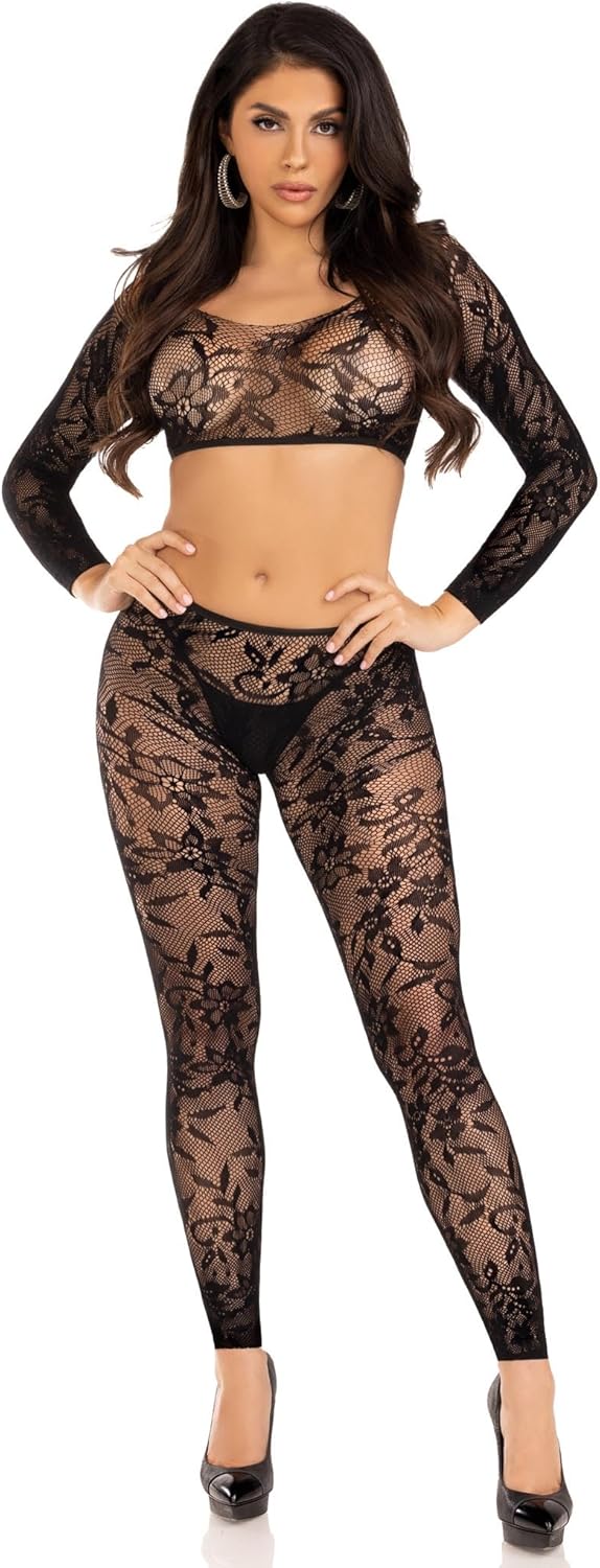 Leg Avenue 2 PCSeamless chantilly lace crop top and footless tights Black