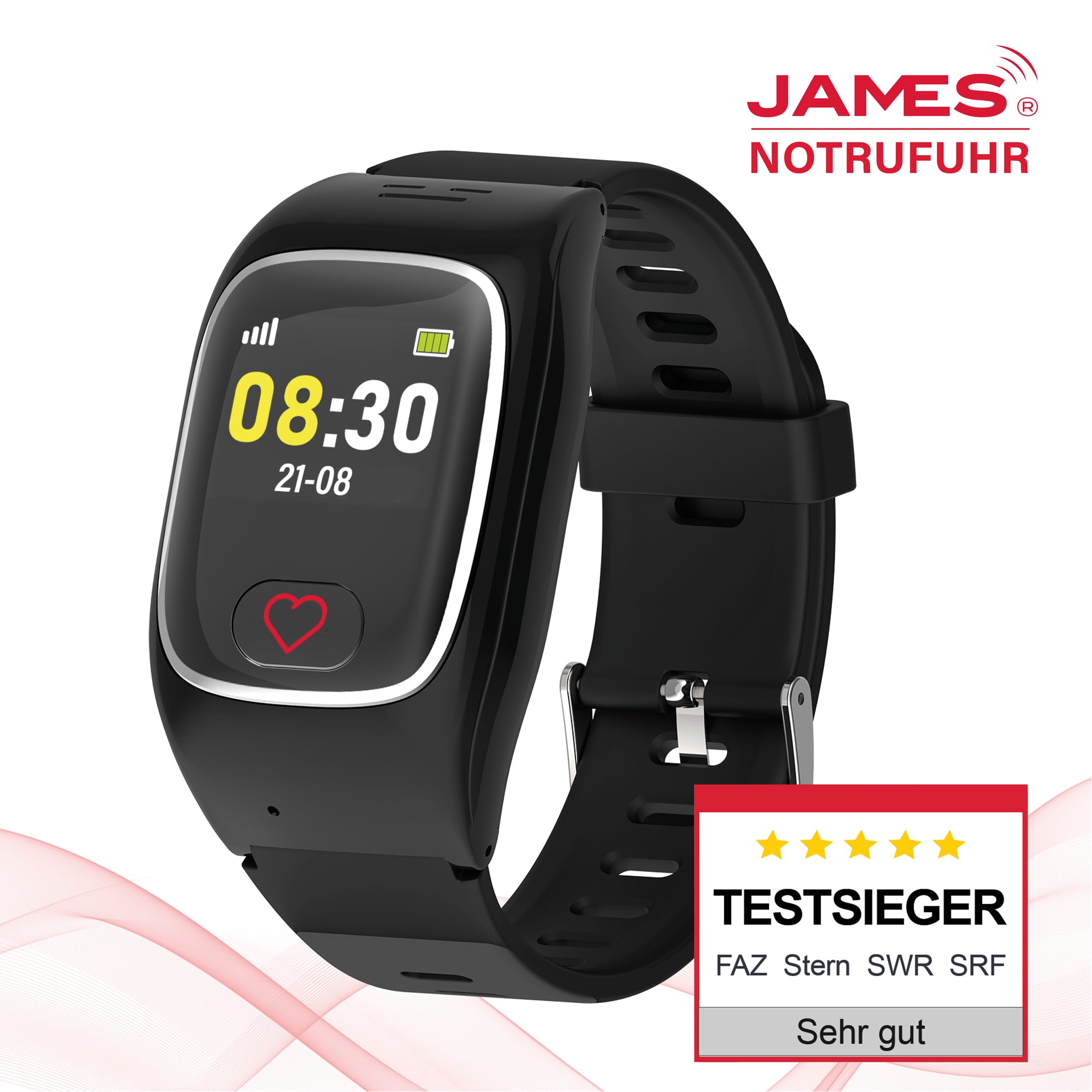 James B8 Notruf- & Sicherheitsuhr für Senioren (Schwarz) mit GPS, Sturzerkennung, SOS-Knopf, Pulsmessung & Gesundheitsfunktionen, Familien-App, lauter Alarm, inkl. SIM-Karte & 2 Gratis-Monate Tarif