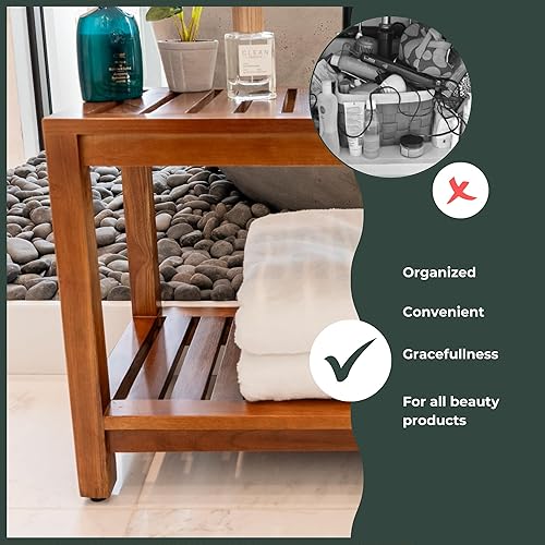 Miniatura 3 de Banco de ducha de teca de 25 pulgadas  Banco de madera totalmente montado con estante, resistente al agua, pies ajustables antideslizantes  Spa
