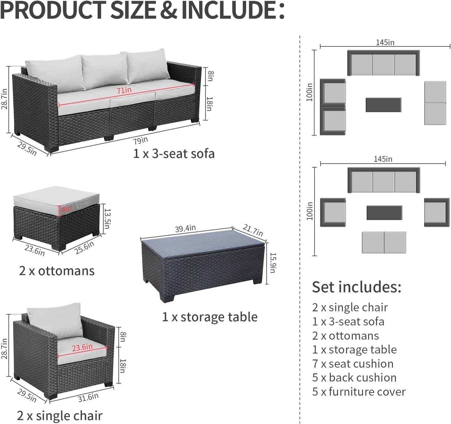 6 Pieces Patio Bistro Set, PE Wicker Outdoor Patio Furniture Set, Modern Rattan Patio Chairs with Storage Table, Patio Conversation Sets for Balcony