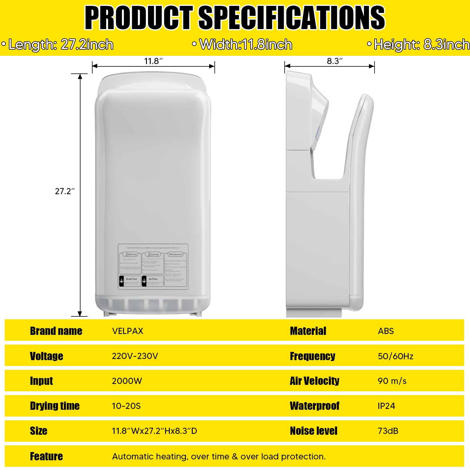 VELPAX 2000W sèche-Mains,sèche-Mains électrique Commercial,avec AEPH Filtre,10-12 Secondes pour sécher,Convient aux salles de Bains publiques, aux Cuisines et aux Bureaux