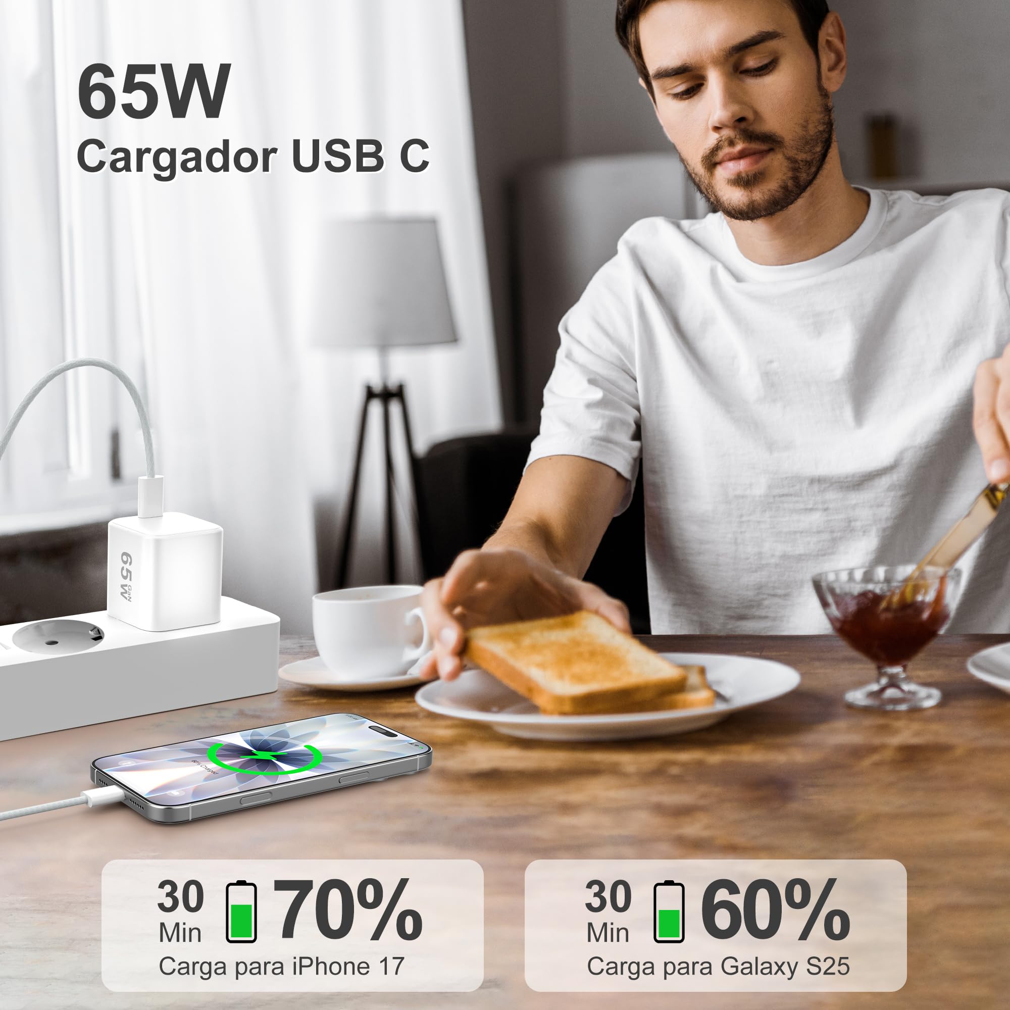 YISH 65W Cargador USB C Carga Rapida：GAN Enchufe Tipo C Cargador PD Cabezal Compatible con iPhone 17 16 15 Samsung S26 S25 S24 MacBook Cargador Movil Carga Rapida USB C Adaptador con 1M Cable Tipo C — view 3
