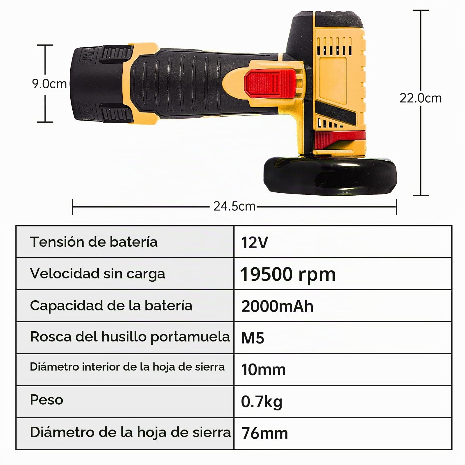 Mini Amoladora Angular, Amoladora Bateria19500 RPM, 76mm Amoladora Pequeña Inalámbrica, con 2 Baterías, 7 Discos Corte, Para Esmerilar, Pulir, Cortar