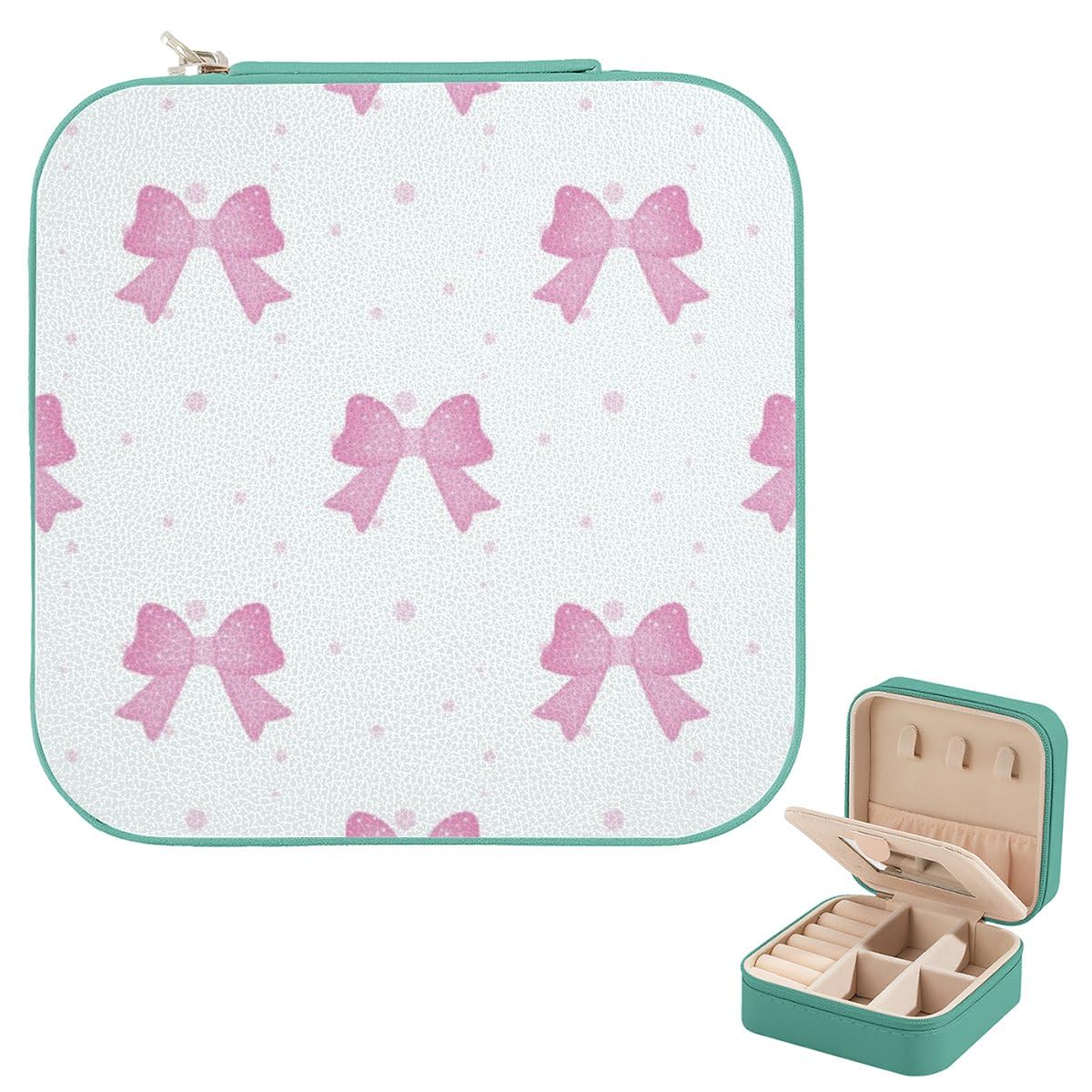 Jewelry Boxes Cute Bow Polka Dots Pink Leather Pale Green Ring Holder Necklace Personalized Accessories Travel Jewelry Box